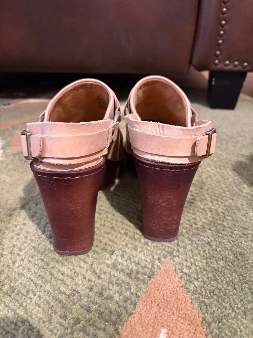 Born Nude/Tan Leather Platform Clog Heels with Buckle Detail